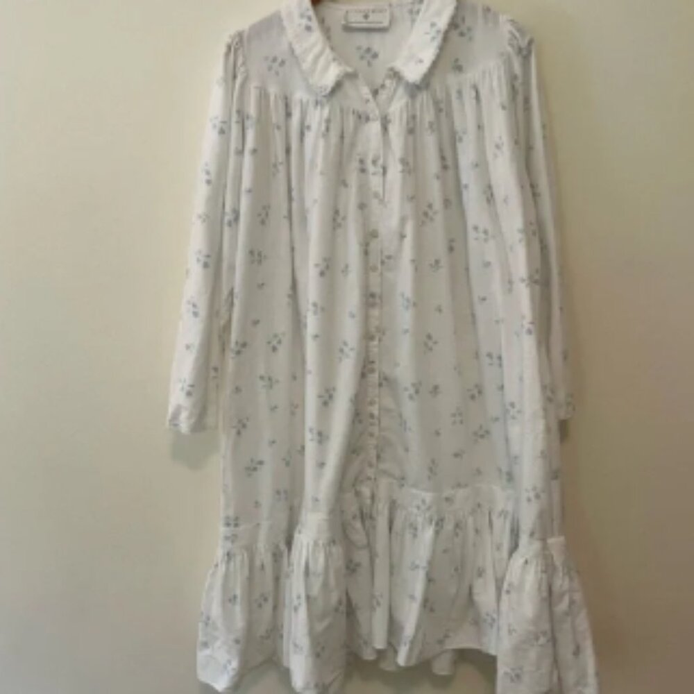VTG Eileen West Queen Anne's Lace White Floral CottageCore Flannel Robe Sz. L